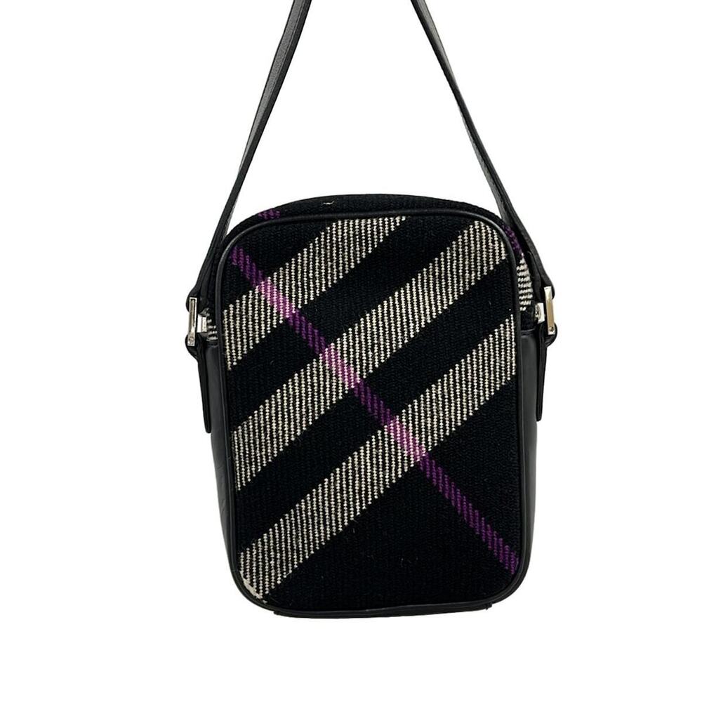 BURBERRY Shoulder Bag Check Black White Purple Wool Leather - Picture 3 of 7